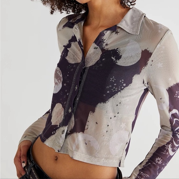 Free People On The Scene Plum Combo Moon Print Mesh Button Up Top - Picture 3 of 7